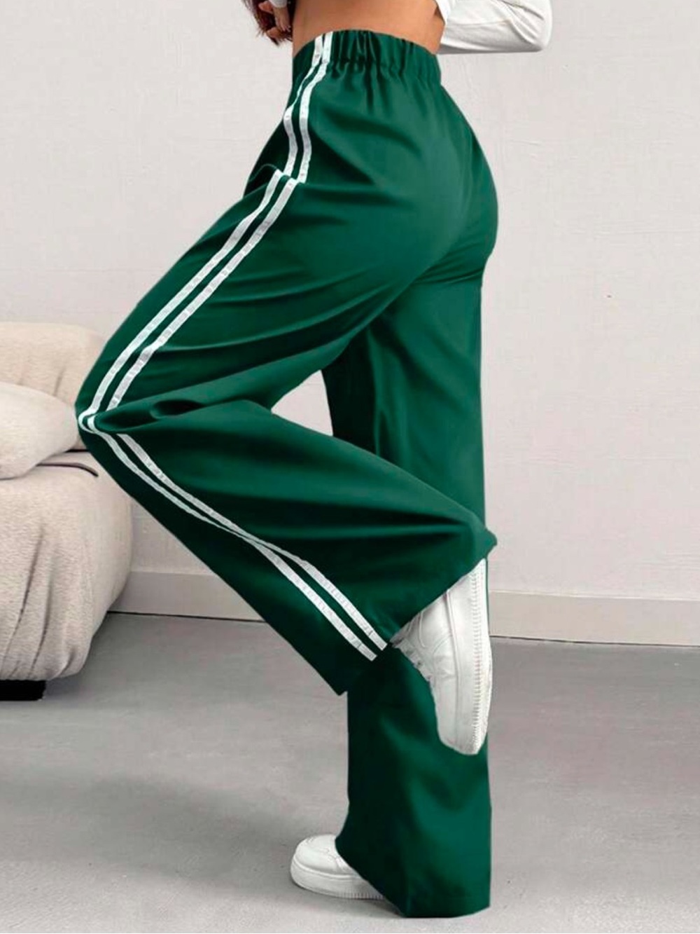 Wide Leg Track Pants with Side Stripes - Green